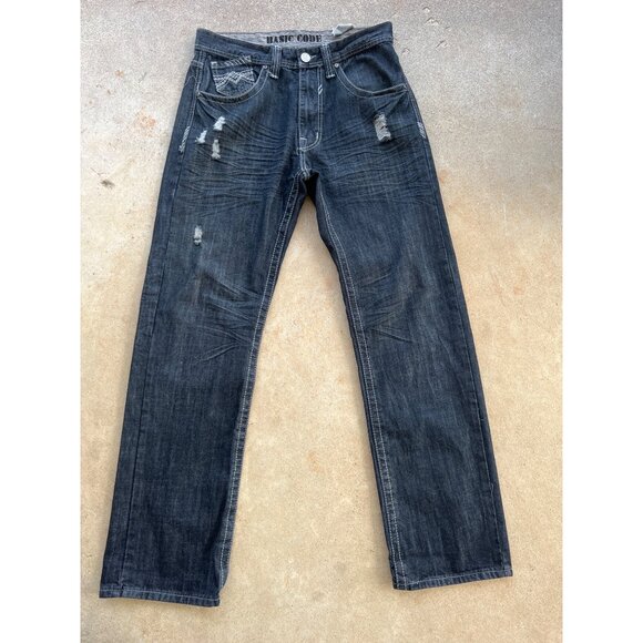 Vintage Basic Code Black Distressed Baggy Hip Hop Skater Jeans W34 J3 - Picture 2 of 7